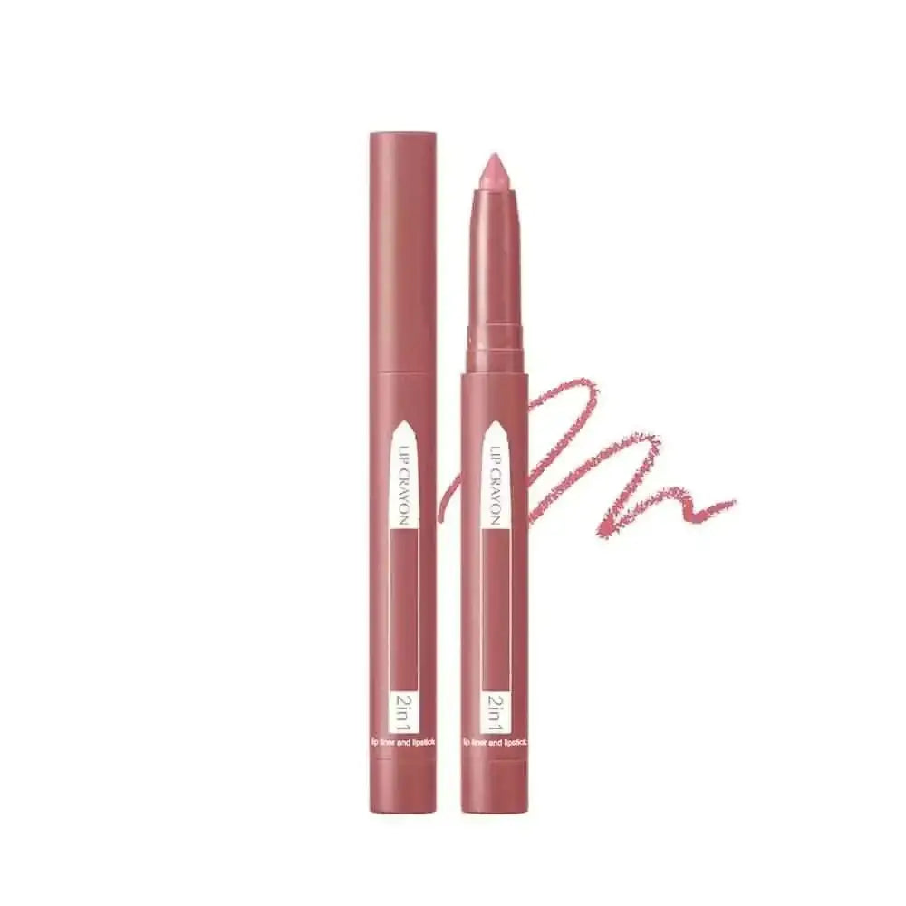 Matte lipstick and lip liner 2 in 1 lip crayon in sleek matte rose pink with matching cylindrical case and 2 in 1 label