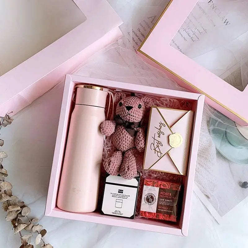 Matte pink vacuum flask with gold lid in a corporate gift box suitable for aromatherapy tablets and daily use