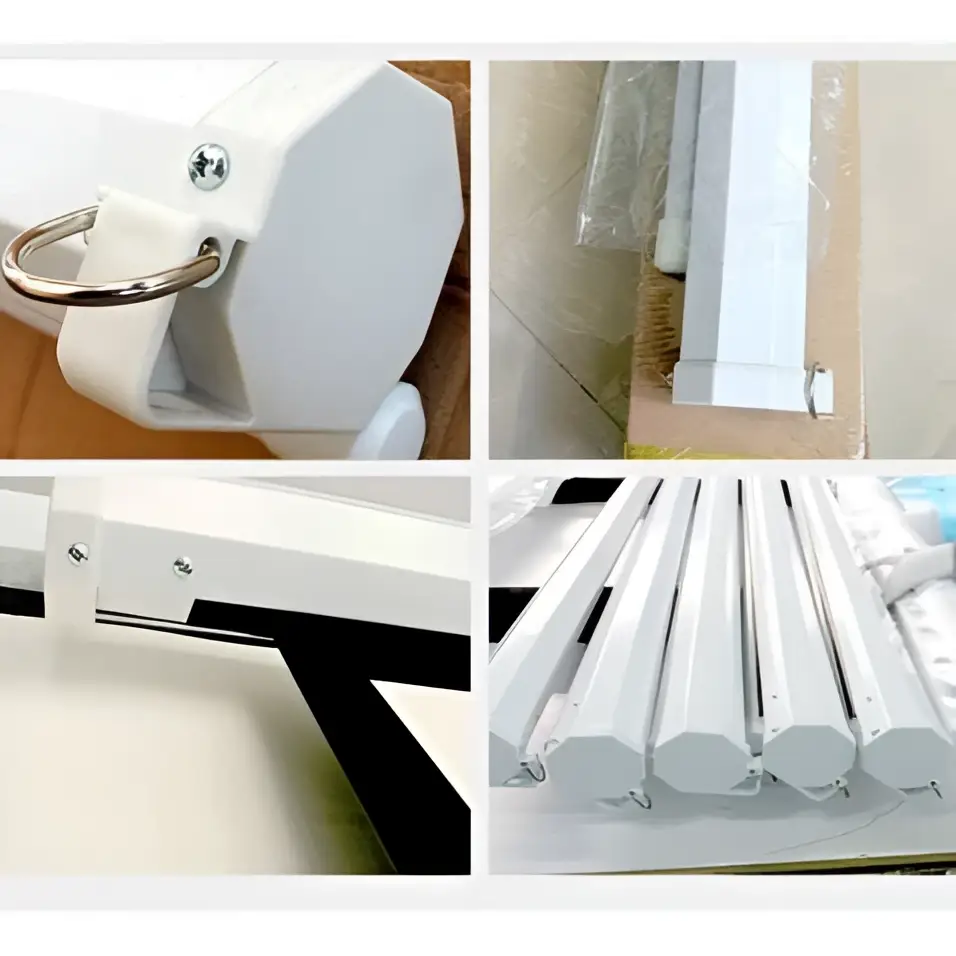 Matte white motorized projection screen with a white plastic retractable curtain rod and metallic ring for enhanced viewing area
