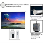 Matte white motorized projector screen with matte white viewing surface diffuser for enhanced home theater movies