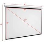 Matte white motorized projection screen with black border and silver roller for enhanced viewing area in home theater movies
