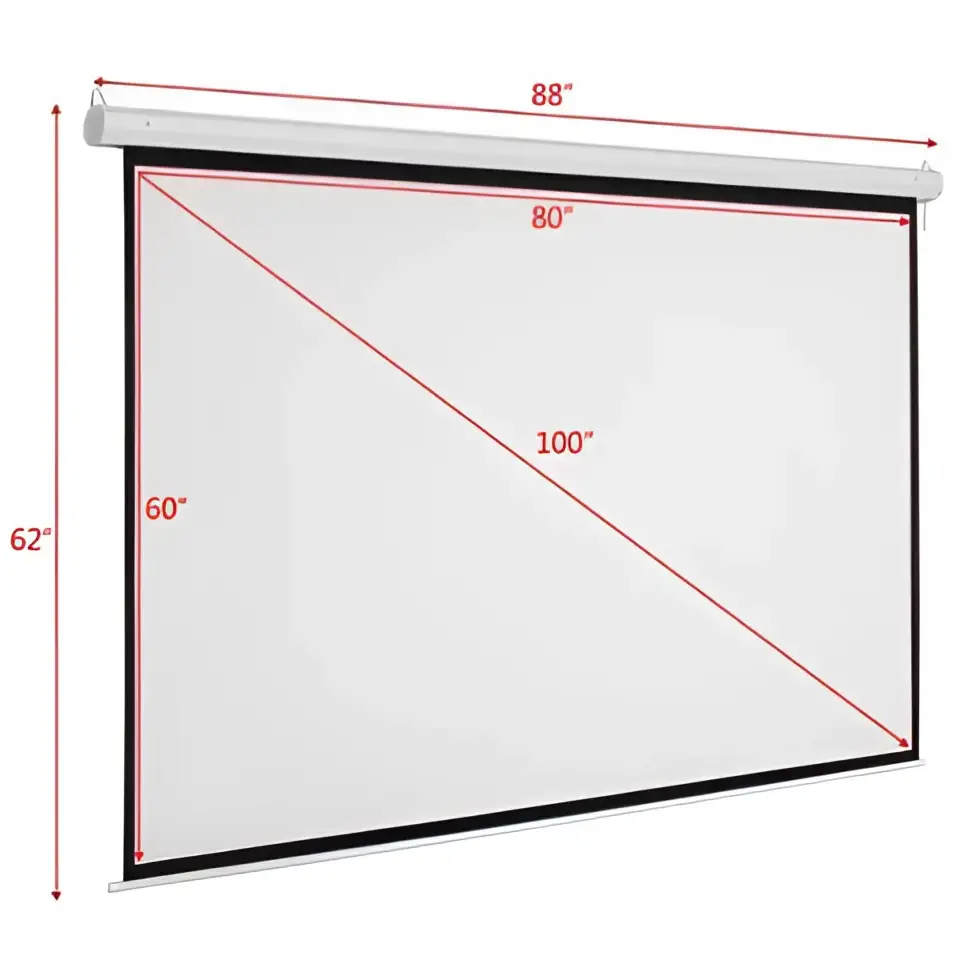 Matte white motorized projection screen with black border and silver roller for enhanced viewing area in home theater movies