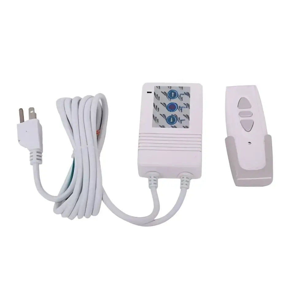 Matte white motorized remote control and receiver unit with coiled power cord for enhanced viewing area home theater movies