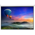 Matte white motorized projection screen with remote control displays vibrant hot air balloon for enhanced viewing area home theater movies