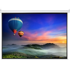Matte white motorized projection screen with remote control displays vibrant hot air balloon for enhanced viewing area home theater movies