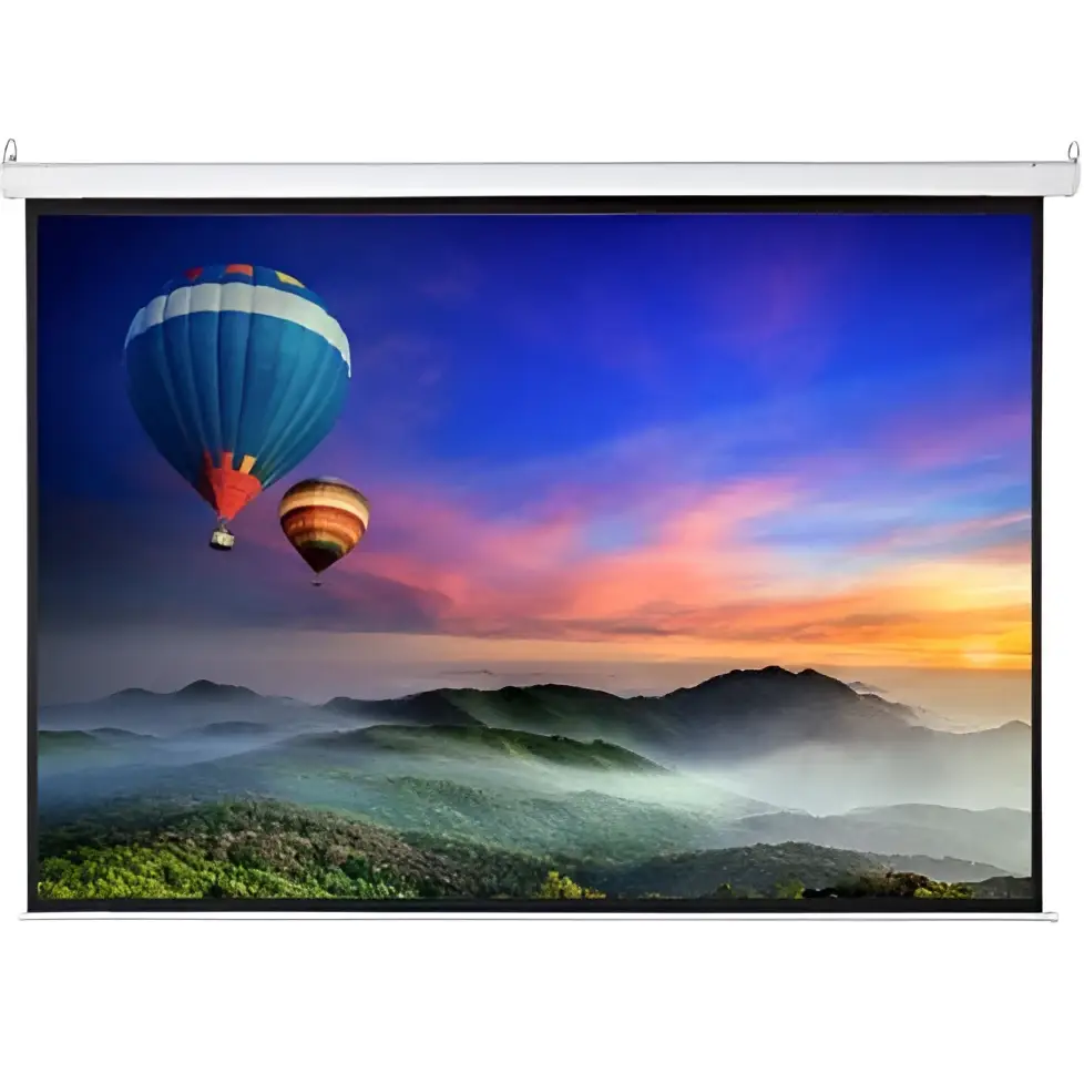 Matte white motorized projection screen with remote control displays vibrant hot air balloon for enhanced viewing area home theater movies