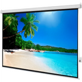 Matte white motorized projection screen displaying vibrant tropical beach scene for enhanced viewing area home theater movies