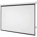 Matte white motorized projection screen with black border and silver frame for enhanced viewing area in home theater movies