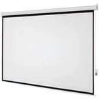 Matte white motorized projection screen with black border and silver frame for enhanced viewing area in home theater movies