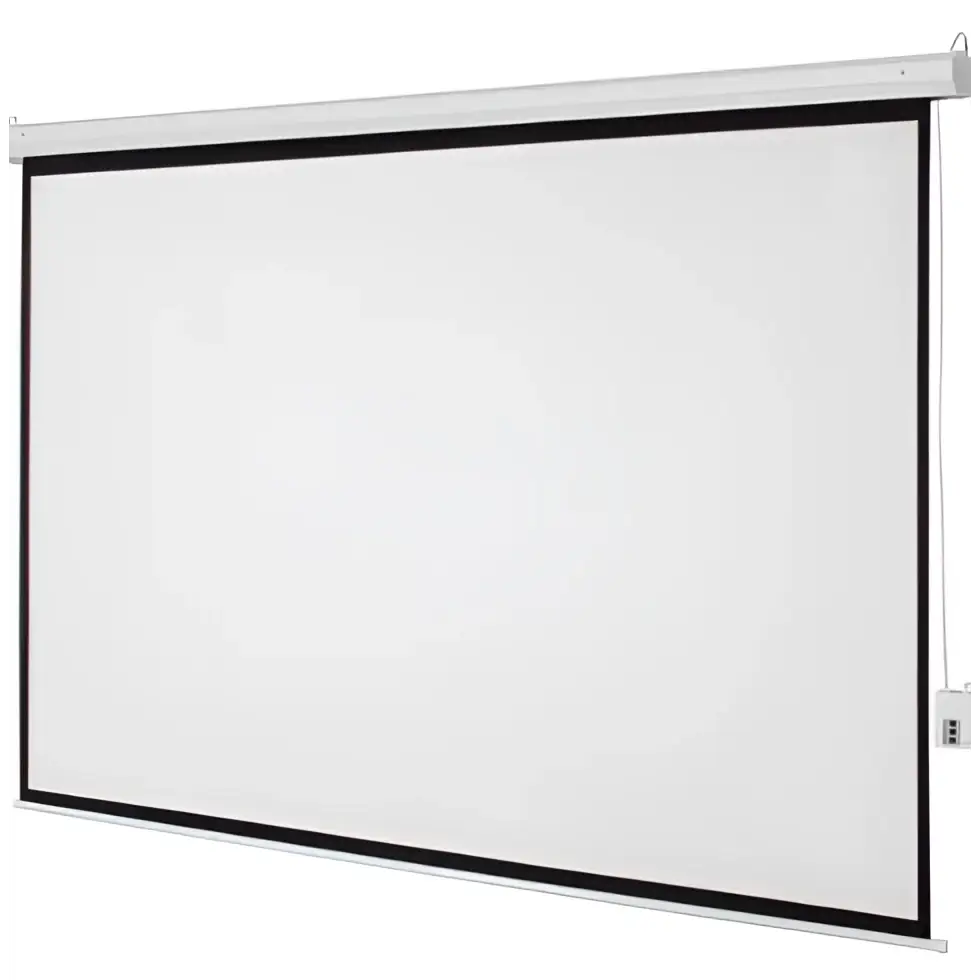 Matte white motorized projection screen with black border and silver frame for enhanced viewing area in home theater movies