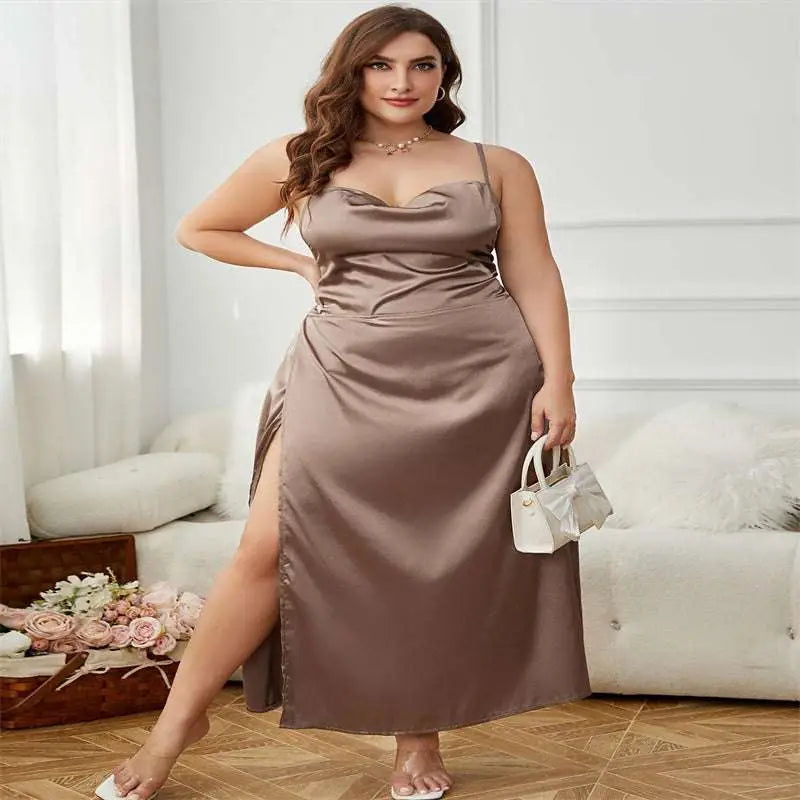 Flowing taupe satin plus size sling dress with draped bodice and high slit in mauve satin material