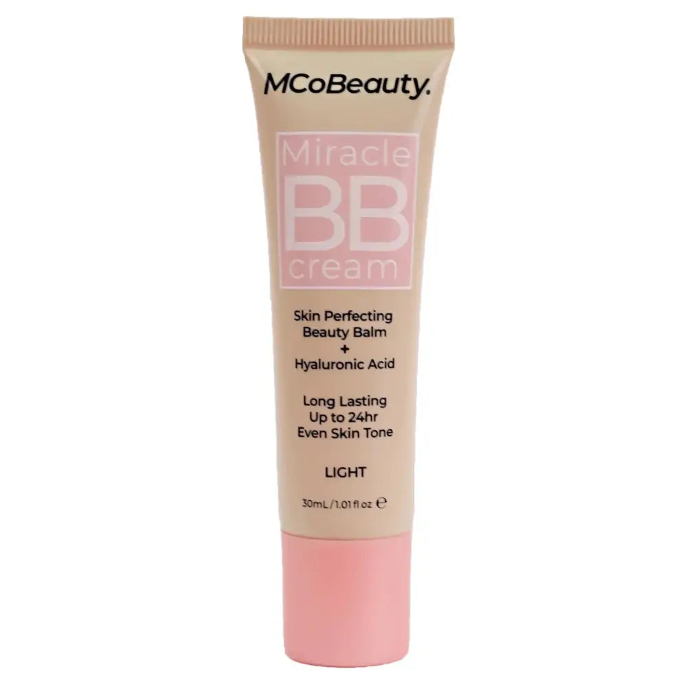 Mcobeauty miracle bb cream light in beige tube with pink cap is a skin-perfecting companion that is vegan and effortless