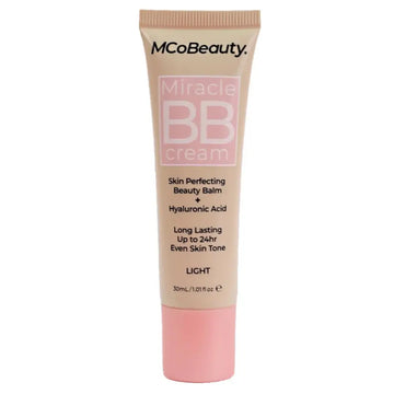 Mcobeauty miracle bb cream light in beige tube with pink cap is a skin-perfecting companion that is vegan and effortless