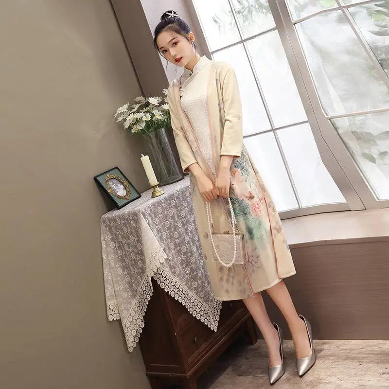 Beige medium length cheongsam floral dress with lace detailing, high collar, and teal frog closures in dress set