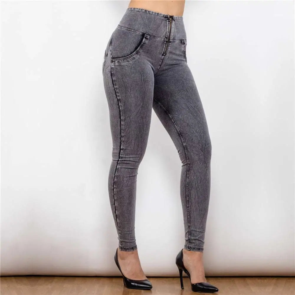 Melody high waist gray denim leggings with slim fit and front zipper detail in durable stretch material