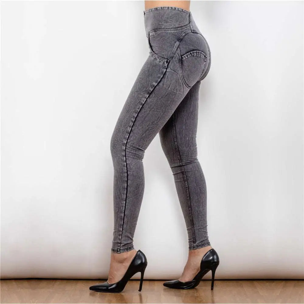 Melody high waist gray denim leggings featuring high-waisted contoured design with subtle stitching details