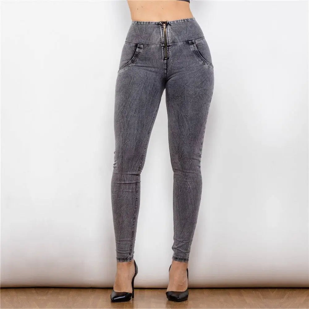 Melody high waist gray denim leggings with slim fit and front zipper closure in comfortable stretch fabric