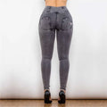 Back view of melody high waist gray denim leggings with fitted design and prominent back pockets by shascullfites melody high