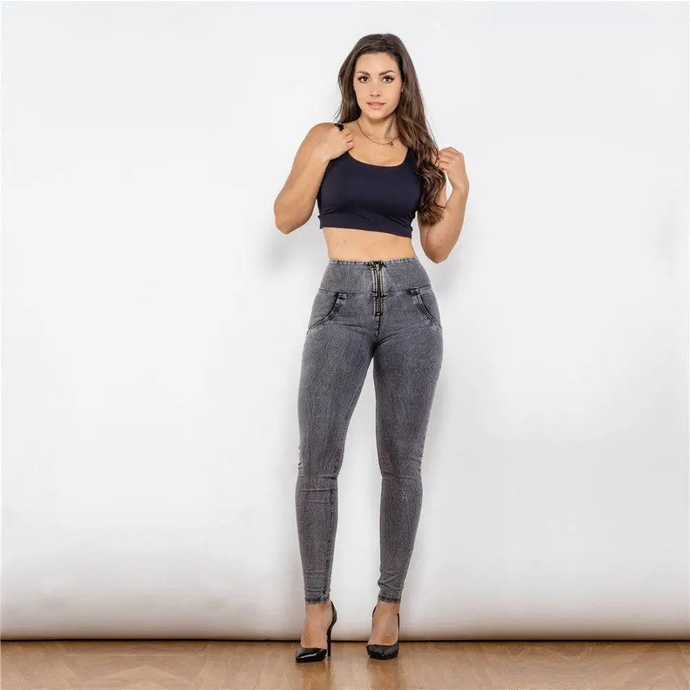 Melody high waist gray denim leggings with slim fit, high waist, and front zipper closure in durable denim
