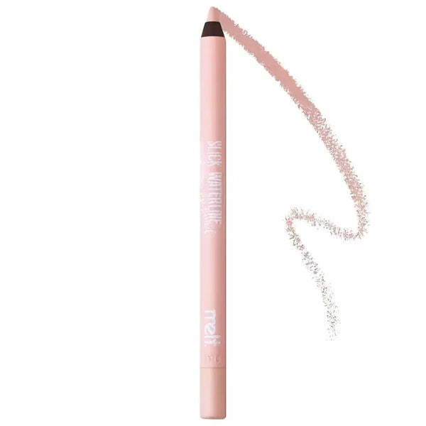 A sleek matte pink melt cosmetics slick eye pencil ivory with a dark brown tip and white brand name meh printed vertically