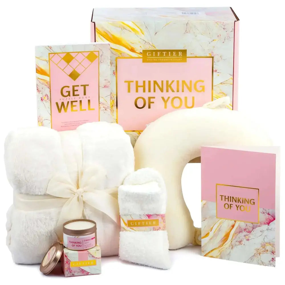 Memory foam get well soon care package with pink and gold marble patterned thinking of you gift box and puzzle book