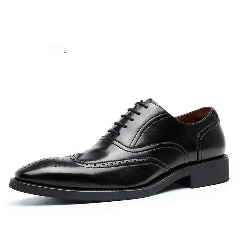 Men black leather shoes rubber sole brogues with brogue detailing and a polished finish on a low heel