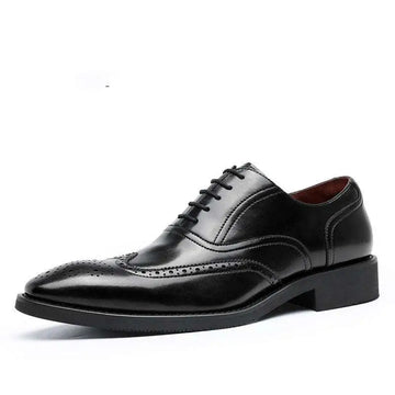 Men black leather shoes rubber sole brogues with brogue detailing and a polished finish on a low heel