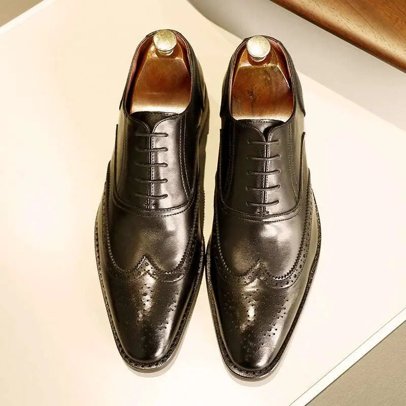 Men black leather shoes rubber sole brogues with polished finish and decorative perforations for formal wear