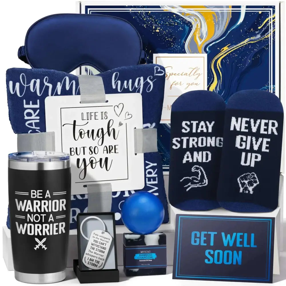Navy blue insulated tumbler with silver rim and be a warrior not a worrier print in men chemo care package warrior gift set