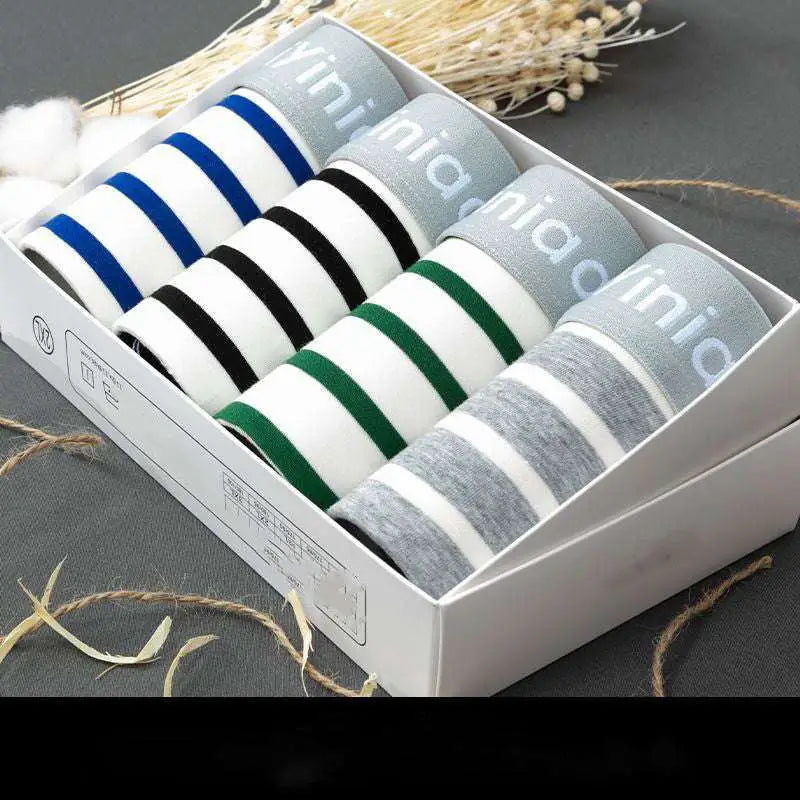 Set of five cotton striped boxer briefs in blue black green and gray neatly packaged men’s cotton striped boxer set