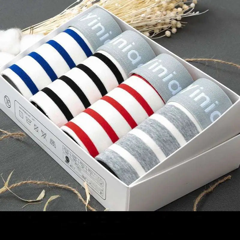 Men’s cotton striped boxer set of five in blue black red and gray with white stripes neatly packaged in a branded box