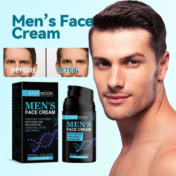 Black pump bottle of east moon men’s anti-aging cream firming skin with blue and purple labeling for firming skin benefits