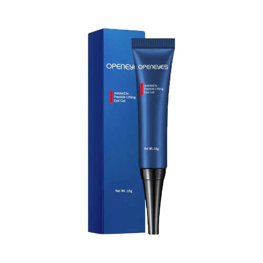 Deep blue matte tube of openeyes awaken peptide lifting anti-aging eye cream with black applicator tip beside matching box
