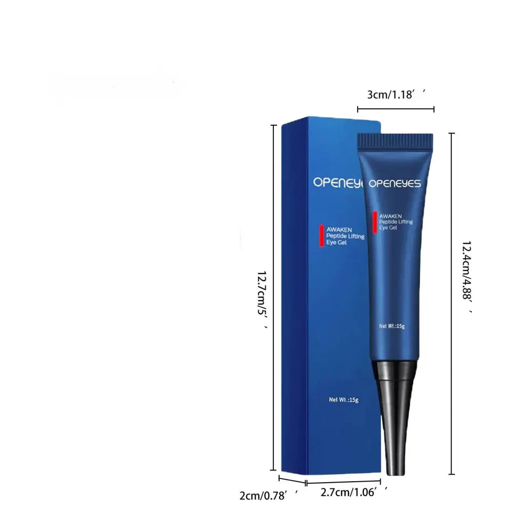 Blue tube of openeyes awaken peptide lifting anti-aging eye cream with black cap and matching blue box with applicator tip
