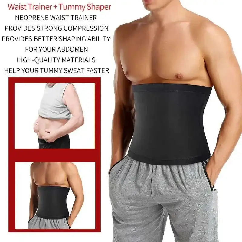 Men’s blue trim sauna body shaper waist trainer in black neoprene with smooth design for abdomen shaping and reduction