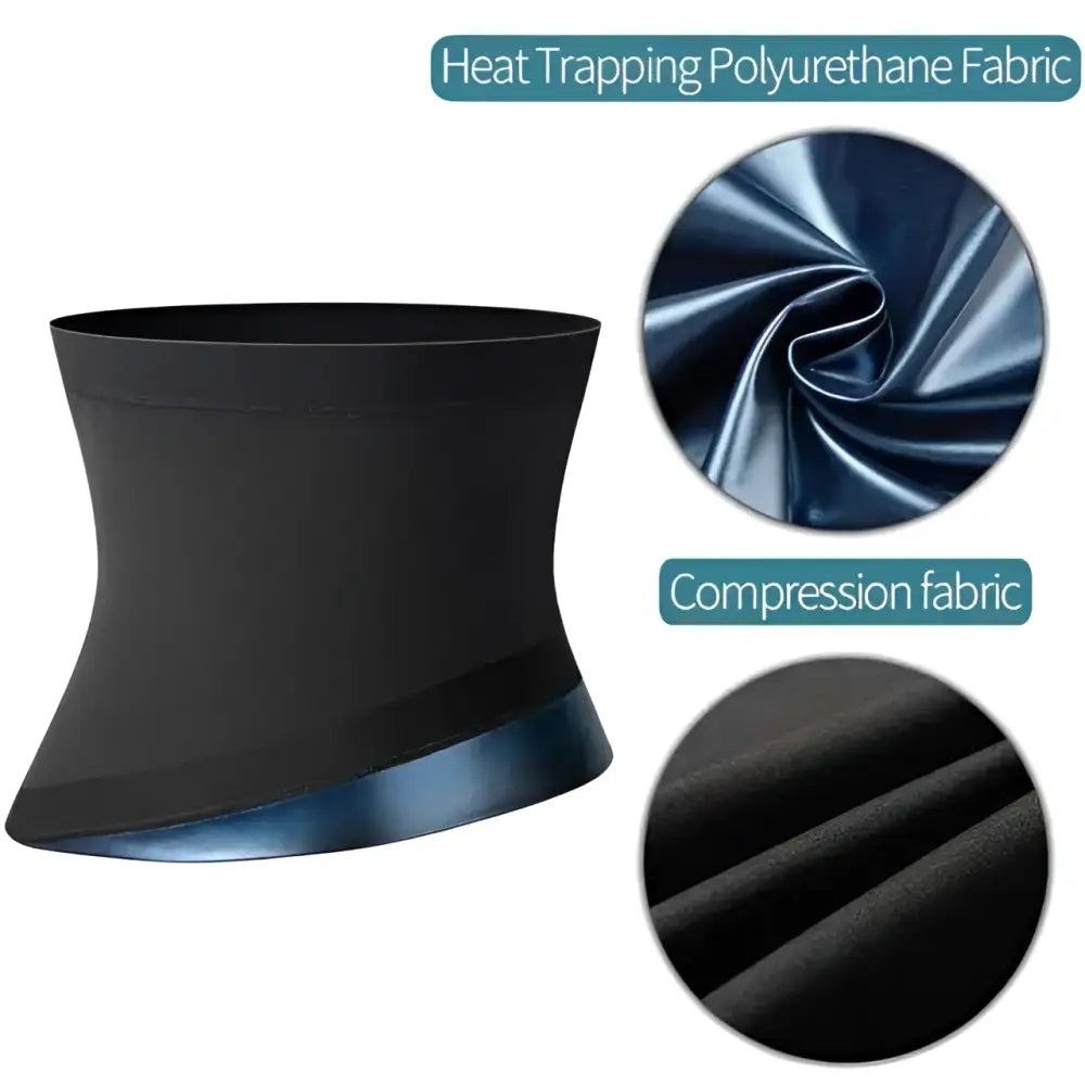 Black heat-trapping polyurethane sauna body shaper with shiny blue trim men’s abdomen reducer waist trainer