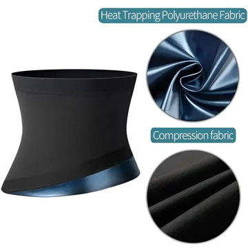Black heat-trapping polyurethane sauna body shaper with shiny blue trim men’s abdomen reducer waist trainer