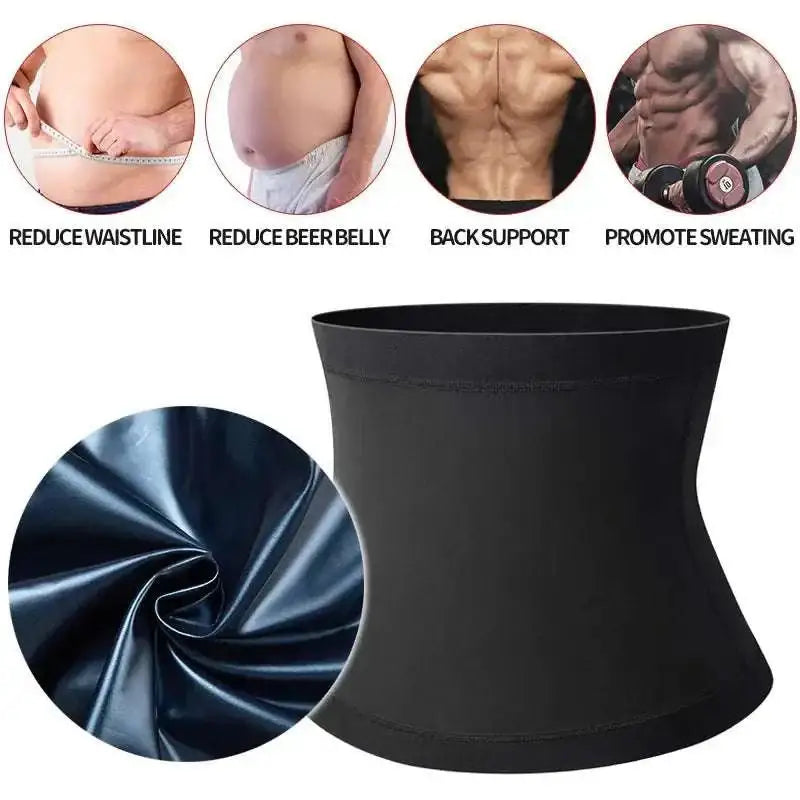 Black sleek glossy waist trainer with blue trim made of stretchy material for men’s abdomen reducer and sauna body shaper