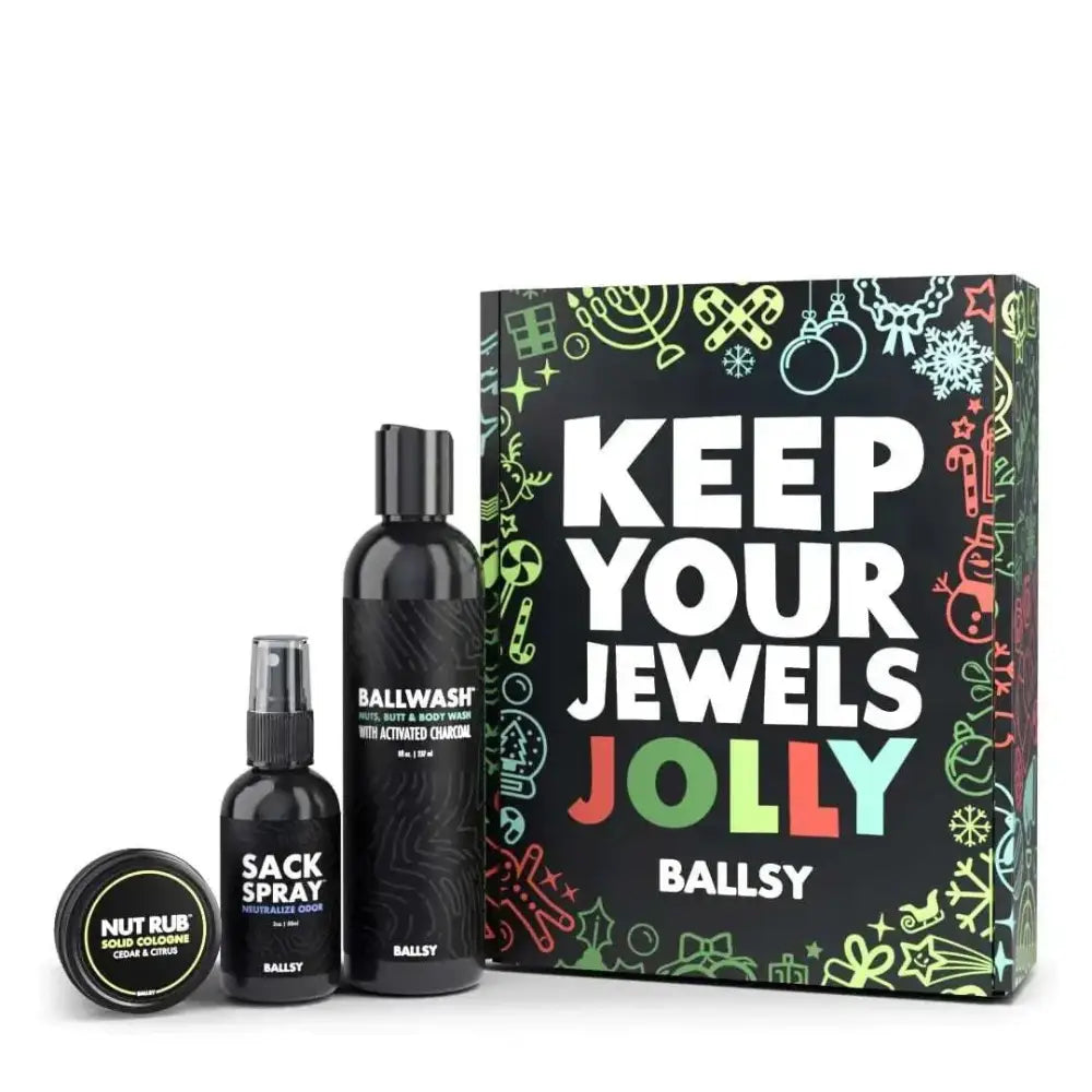 Black matte finish mens body wash bottle labeled ballwash with cologne rub in gift set featuring white text and design