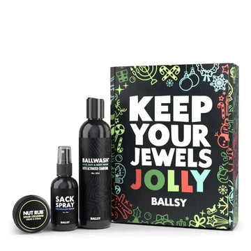 Black matte finish mens body wash bottle labeled ballwash with black cap in a cologne rub gift set