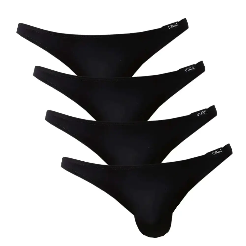 Set of four black mens bulge enhancing bikini underwear with sleek minimalist design and subtle waistband logo