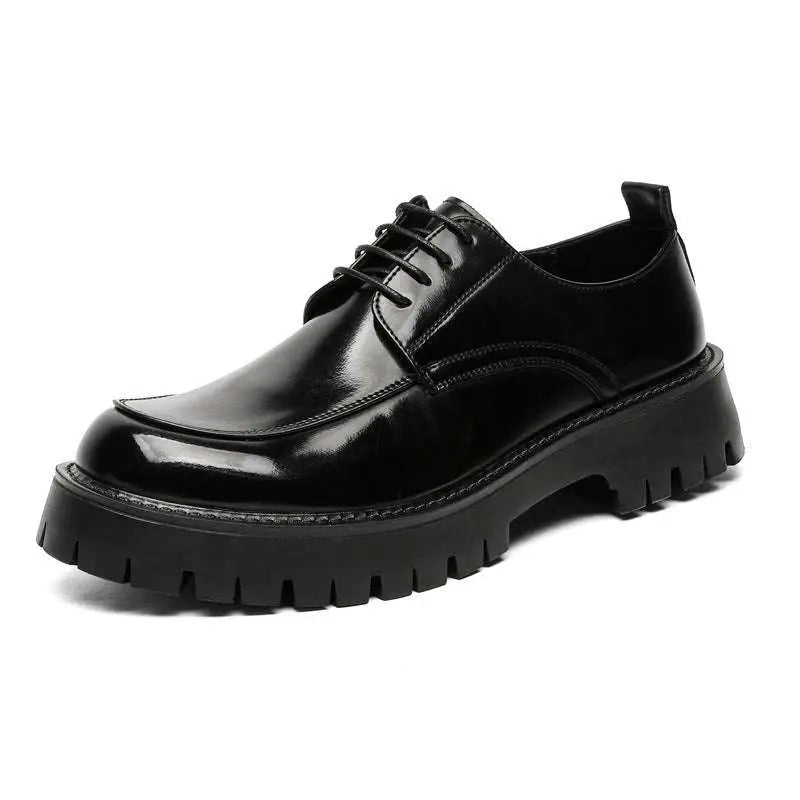 Men’s casual black patent leather oxford shoe with glossy finish, red stitching, and chunky textured rubber sole