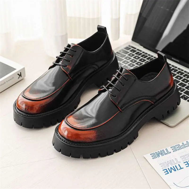 Men’s casual black patent leather oxford shoes with glossy finish, chunky soles, and red stitching details