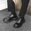 Black patent leather men’s casual lace-up oxford shoes with glossy finish red stitching and thick rugged soles