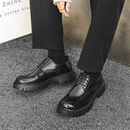 Black patent leather men’s casual lace-up oxford shoes with glossy finish red stitching and thick rugged soles