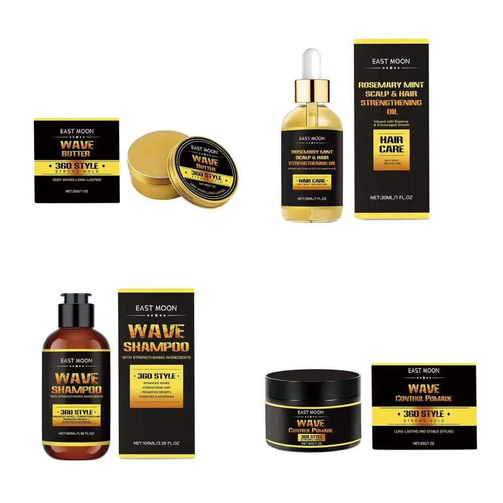 Gold dropper bottle of east moon rosemary mint scalp and hair strengthening oil from men’s hair care shaping wave collection set