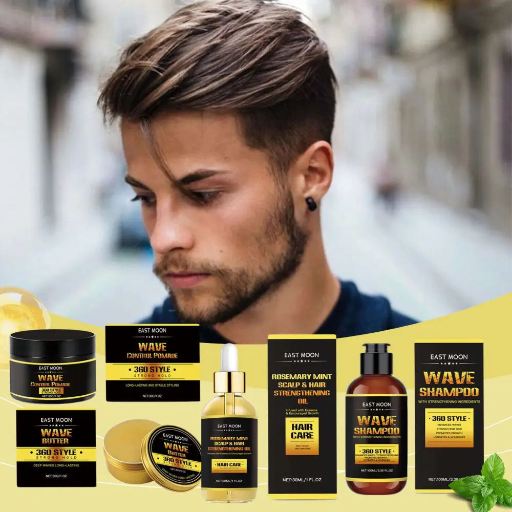 Men’s hair care shaping wave collection set by east moon features black and gold shampoo, pomade, butter, oil, and scalp treatment