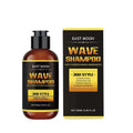 East moon men’s hair care shaping wave collection shampoo in sleek amber bottle with black pump and gold lettering
