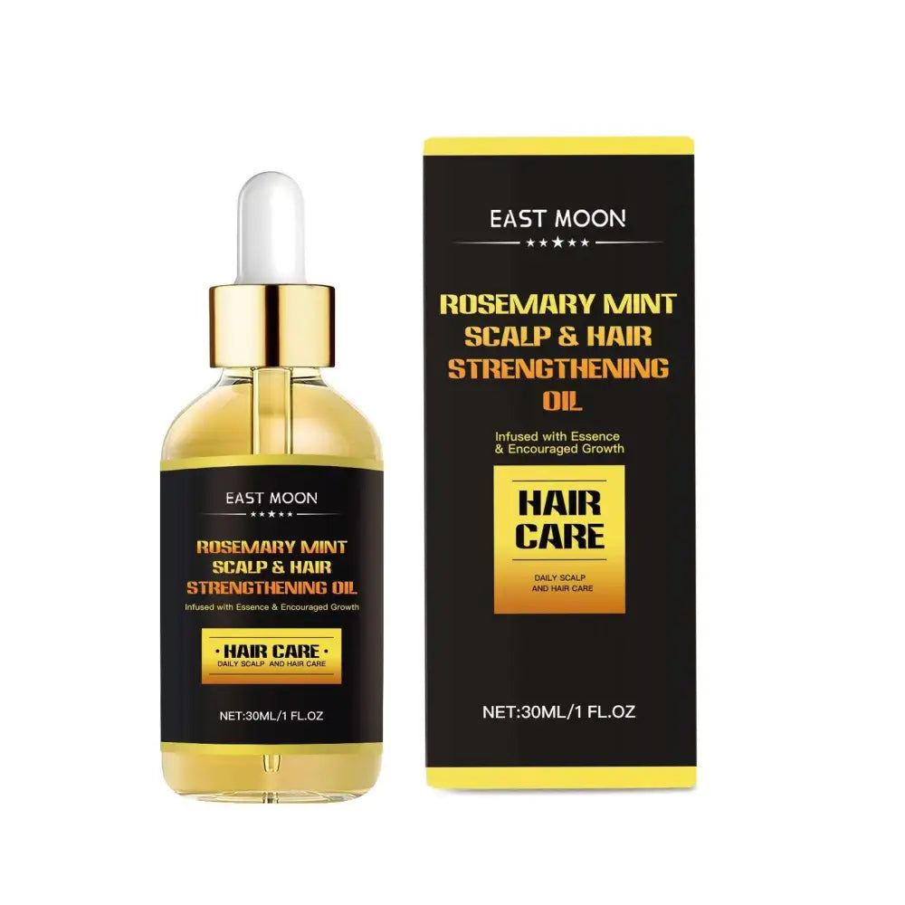 East moon rosemary mint scalp and hair strengthening oil in clear glass bottle with gold dropper for men’s hair care shaping wave collection