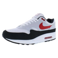 Mens modern white university red air max 1 sneaker with black accents red swoosh and translucent air sole unit